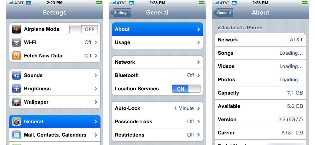 iPhone OS 2 Settings, General Settings, and About screen (2008)